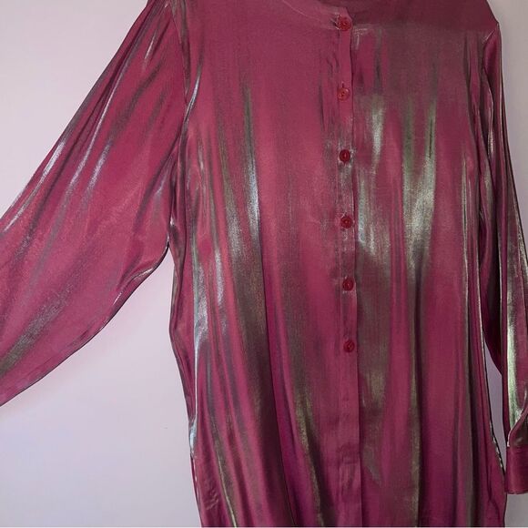 Avon L Blouse Pink Two Tone Dhoop Chao Shimmer Long Sleeve Button Collarless - Picture 4 of 12
